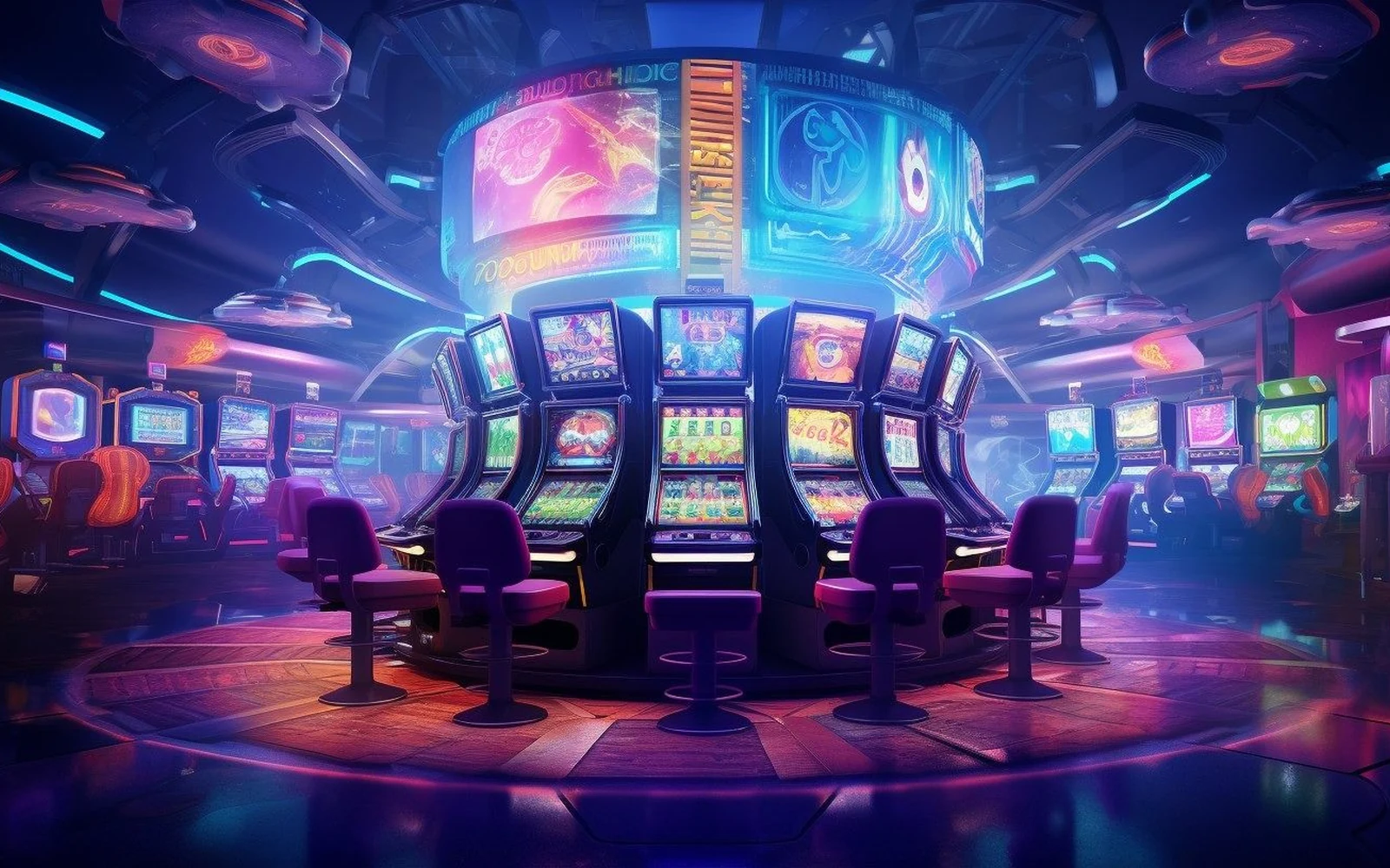 Ilustrasi mesin slot bertema hiburan dengan reel terang